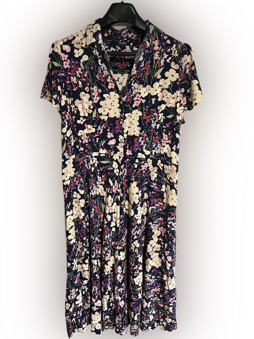 Chaps XL Women's Floral V-Neck Fit & Flare Dress in Navy and Cream